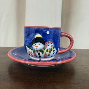 VTG EHI 'Spirits Bright" Pattern Snowman Holiday Christmas Mug and Saucer